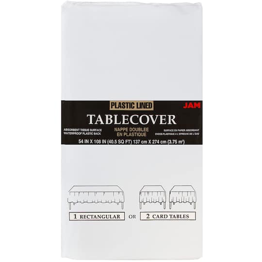 JAM Paper White Rectangular Plastic Lined Table Cover, 54" x 108"